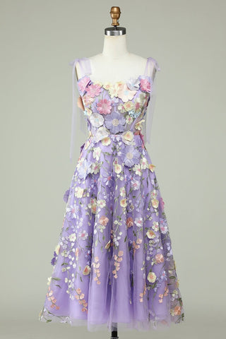 Chic lavender A-line dress featuring vibrant floral embroidery, tulle detailing, and a soft tea-length design, tailored for whimsical celebrations and bohemian aesthetics