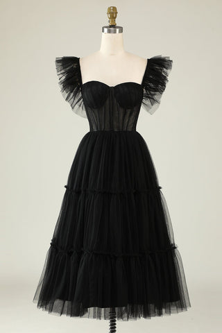 Black ruffle tulle ball gown, midi tea-length design, transparent bodice with a sweetheart neckline, gothic A-line style with lace-up corset, perfect for special occasions and party dresses