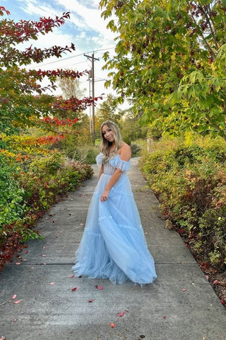 Whimsical blue tulle dress with a voluminous skirt and corset-inspired bodice, creating a dreamy and graceful silhouette