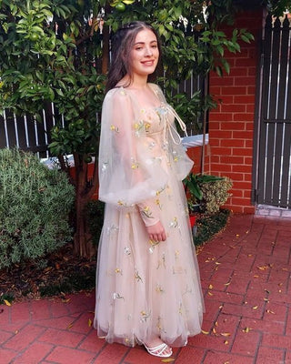 Chic cream daffodil floral embroidered gown, tea-length A-line design with long sheer sleeves and sweetheart neckline, perfect for proms, bridal events, and special celebrations