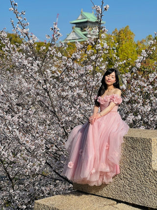 Blush pink ball gown featuring off-the-shoulder floral detailing, a fitted bodice, and a voluminous tulle skirt, perfect for romantic bridal looks and whimsical formal events