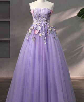 Enchanting lavender ballgown with intricate floral embroidery and a fitted strapless bodice, perfect for a fairytale-inspired occasion