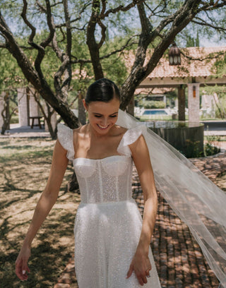 Elegant glittering wedding gown with structured bodice and delicate flutter sleeves, ideal for a sophisticated bride