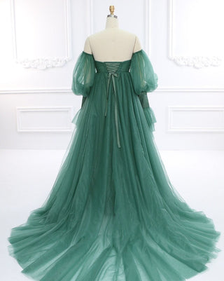 Elegant emerald green gown with ruched bodice, voluminous sheer tulle sleeves, and a romantic A-line silhouette, ideal for evening events, bridesmaids, or fantasy-inspired celebrations