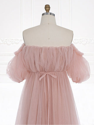 Ethereal pink gown showcasing off-shoulder puff sleeves and a voluminous skirt, ideal for weddings, photoshoots, or fairy-tale events.