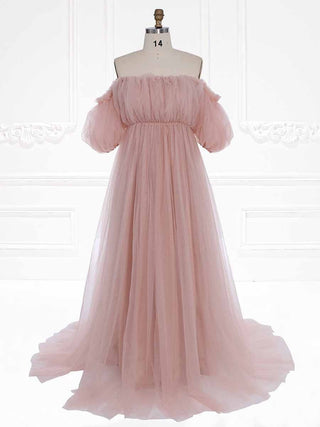 Romantic blush pink off-shoulder gown featuring billowing tulle sleeves and a floor-length flowing silhouette, perfect for whimsical occasions.