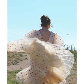 Elegant cherry-embroidered tulle dress with a fitted bodice, puff sleeves, and a playful midi-length silhouette, ideal for modern vintage-themed occasions and casual bridal looks