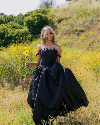 Black crinkle satin ball gown, off-the-shoulder A-line prom dress with lace accents, gothic fairycore design, perfect for formal events, parties, and special occasions