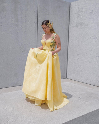 Elegant butter yellow floral lace dress with ivy embroidery, A-line ball gown silhouette, floor-length style, ideal for whimsical fairycore weddings, proms, and special occasions