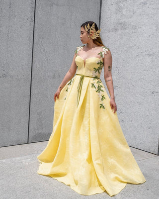 Butter yellow ball gown with white floral ivy lace applique and embroidery, floor-length A-line design, perfect for special occasions, prom, and cottagecore fairycore-themed events