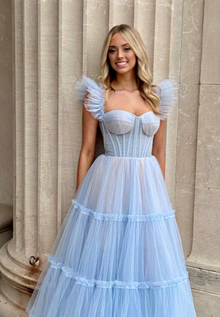 Romantic blue tulle ballgown with a structured corset bodice and ruffled cap sleeves, perfect for proms and formal occasions