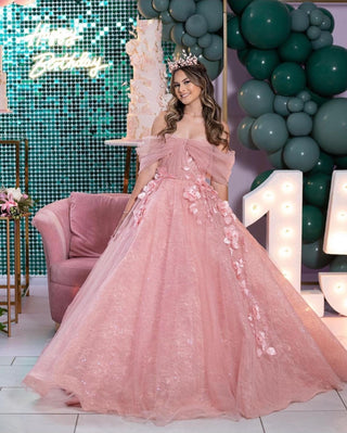 Ethereal pink gown adorned with cascading 3D floral details, an off-the-shoulder tulle wrap, and a voluminous skirt, ideal for whimsical celebrations or springtime events