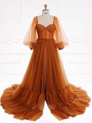 Burnt orange copper ball gown with sheer puff long sleeves, A-line tulle design, sweetheart neckline, and fairycore aesthetic, perfect for maternity photoshoots and whimsical cottagecore events