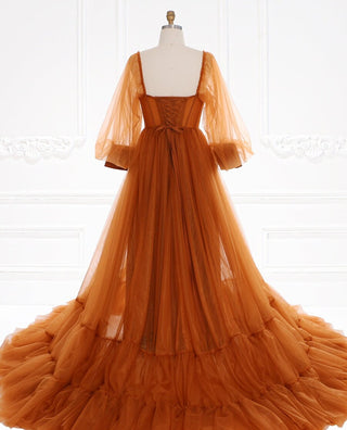 Elegant copper burnt orange tulle gown with puff long sleeves, A-line ball gown silhouette, ideal for prom, maternity photography, and fairycore-inspired occasions