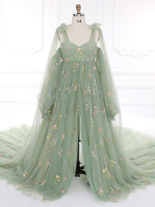 Enchanting sage green floral gown featuring delicate embroidered flowers, a sweetheart neckline, and billowing tulle sleeves for a romantic and ethereal bridal look