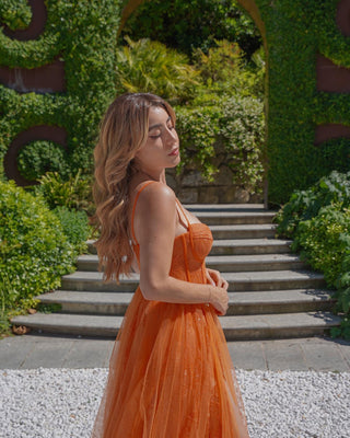 Stunning orange gown with sheer lace detailing, a sculpted bodice, and layers of airy tulle for a dramatic and sophisticated evening look