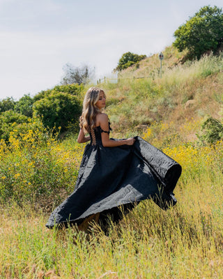 Romantic black crinkle satin dress, A-line ball gown with lace accents, scoop neckline and off-the-shoulder style, tailored for fairycore aesthetics at proms and evening parties