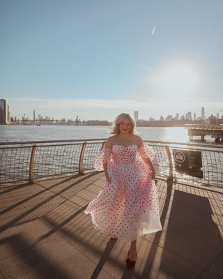 Ivory A-line ball gown with heart-shaped print, puff sleeves, and a tea-length design, perfect for whimsical bridal showers, vintage-inspired weddings, or romantic special occasions