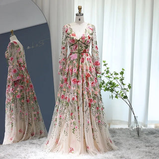 Cream beige ball gown with colourful floral lace applique and embroidery, features long puff sleeves and an A-line floor-length silhouette, perfect for fairycore and whimsical boho weddings or special occasions